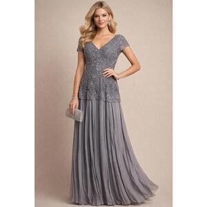 Js Collections Soutache Applique Gown sz 4 Cap Sleeve Gray MOB Wedding Guest